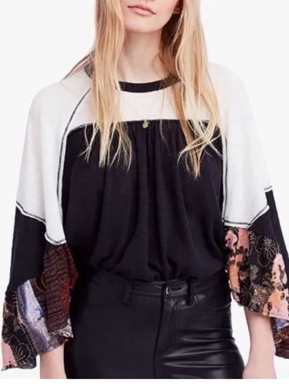 We The Free Black and White Boho Panel Sleeve Top with Multicolor Accents